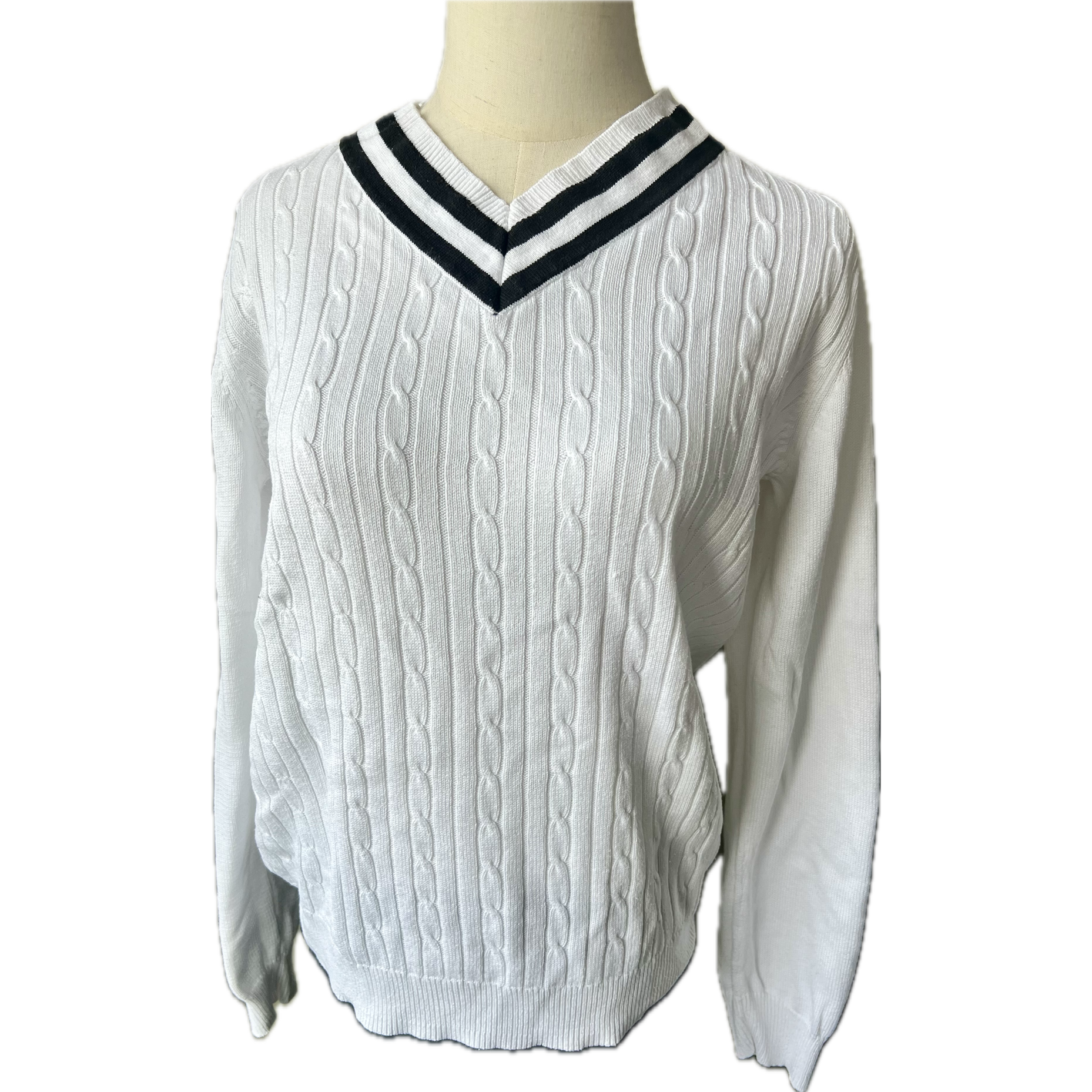 Cable Knit Striped V Neck Sweater